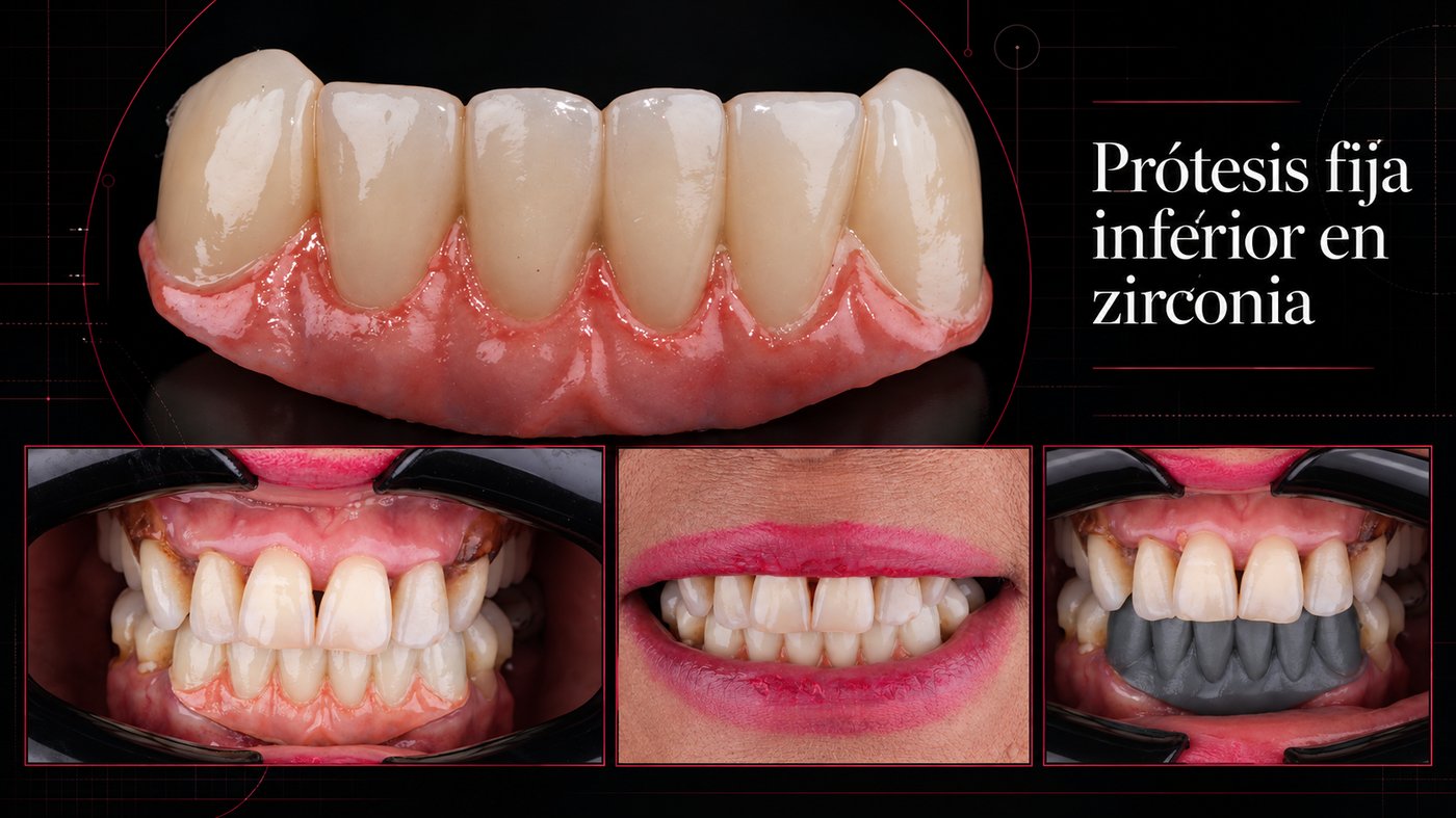 Caso real Dental Advance: prótesis fija inferior en zirconia, situación inicial, estructura y resultado en boca